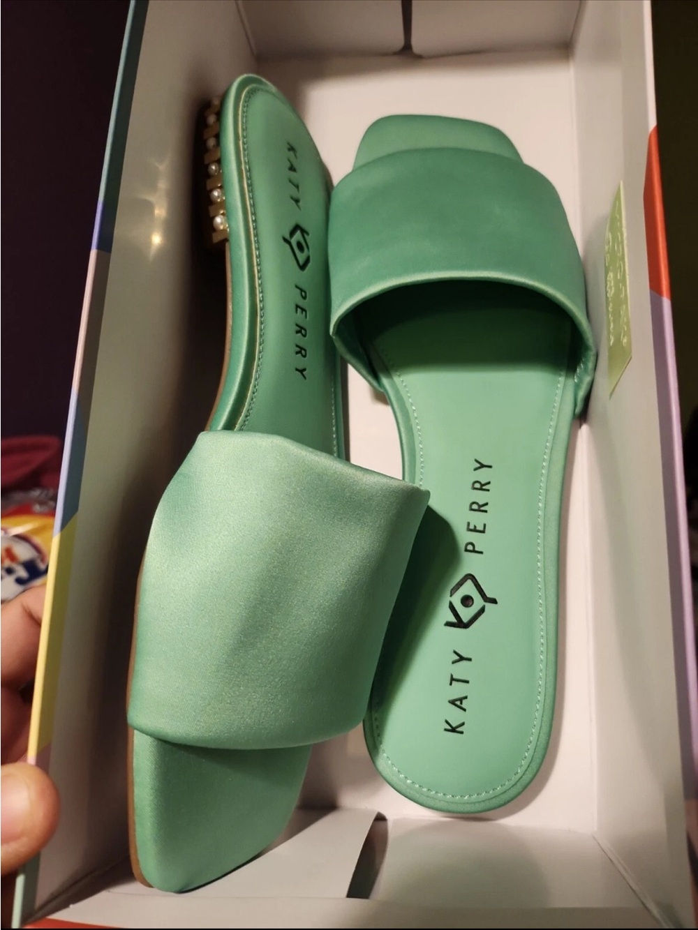 Katy Perry Collections Mint Green Satin Slide Mules